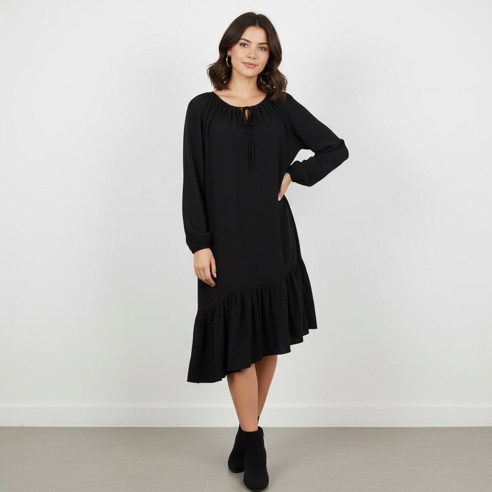 Jill Stuart Black Silk Asymmetrical Drop Waist Long Sleeve Peasant Dress Sz 0